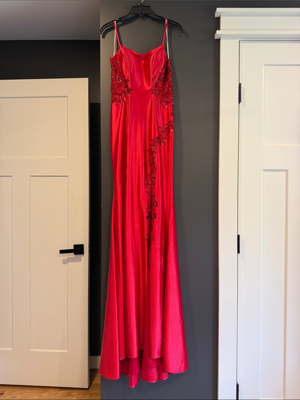 Faviana Red Embellished Satin Spaghetti-Strap Prom Gown